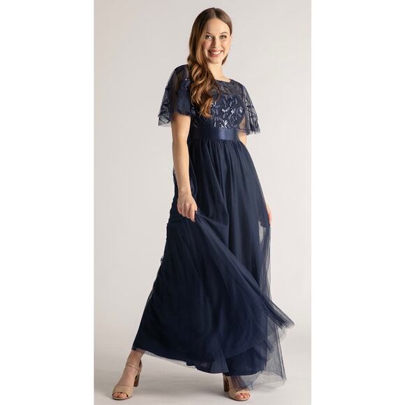 Ever Pretty Navy Blue Sequin Flutter Sleeve Tulle Formal Gown - Picture 1 of 11